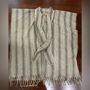 Vintage Unisex 1970s 100% Wool Brown Cream Striped Fringe Hippie Poncho One Size